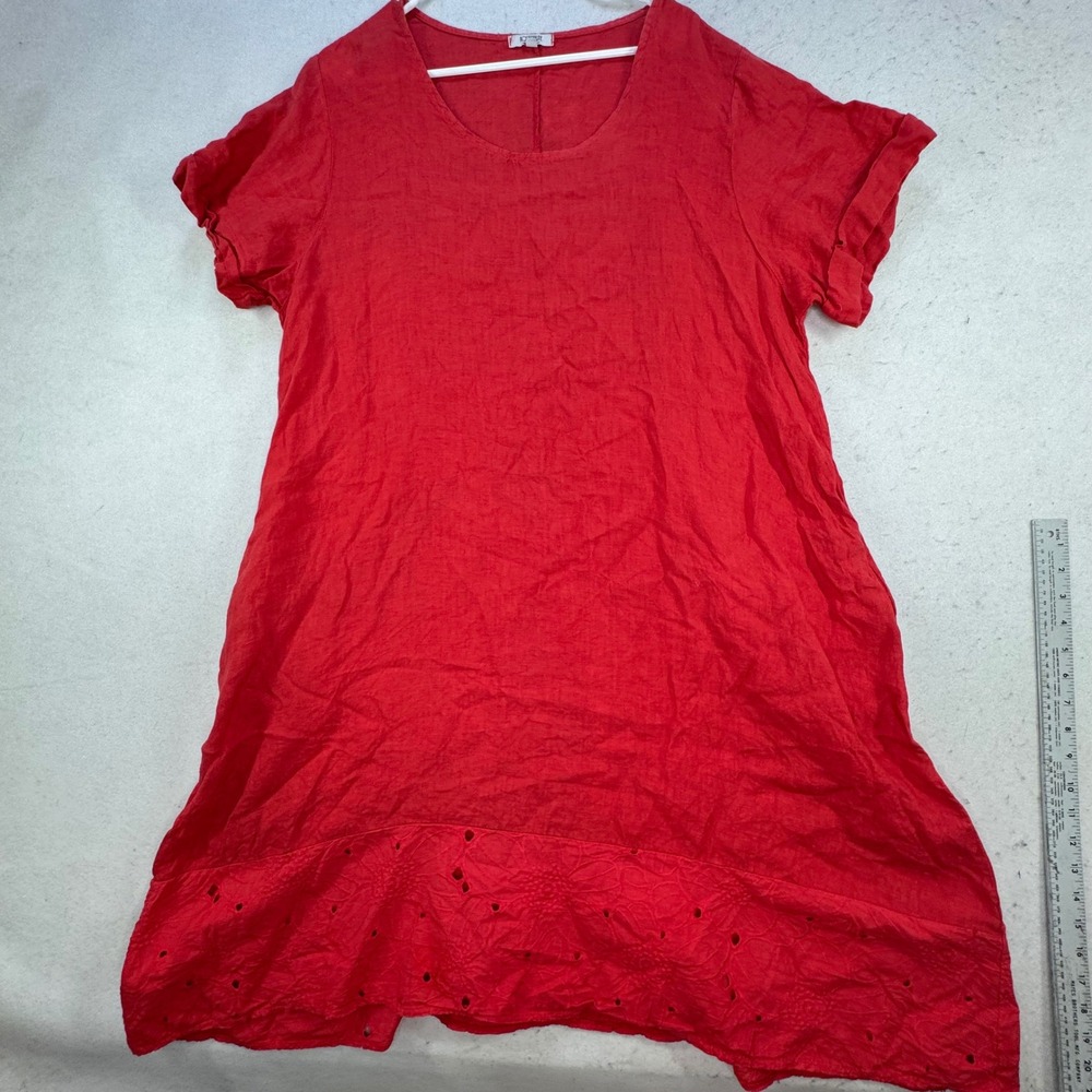 Rosemarine 100% Linen Dress Womens 1X Red Made in Italy Eyelet Hem Lagenlook
